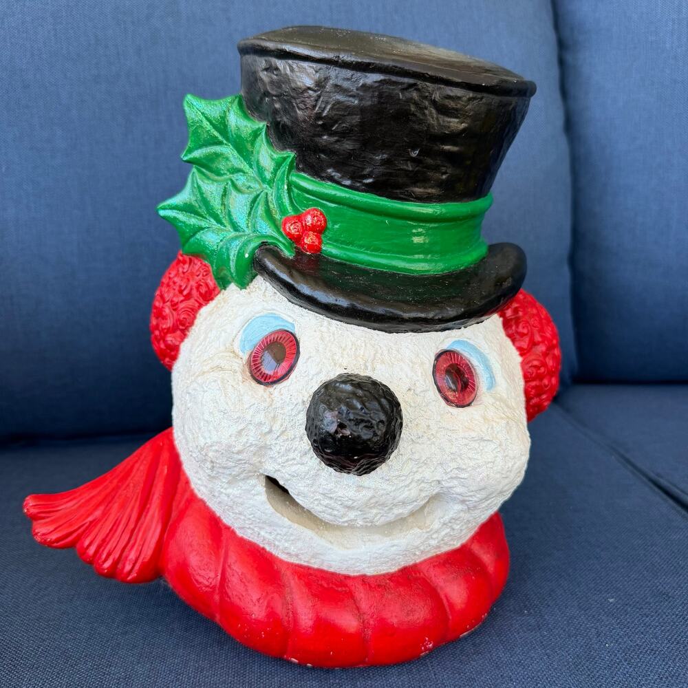 Vintage Ceramic Snowman Head 1970s Frosty Top Hat Light Up HEAVY Nostalgic READ